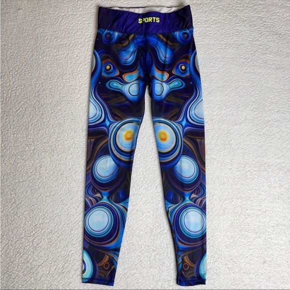 Sports Leggings Blue spiral Galaxy circles Size Small Med Gym Workout Space - Picture 2 of 11